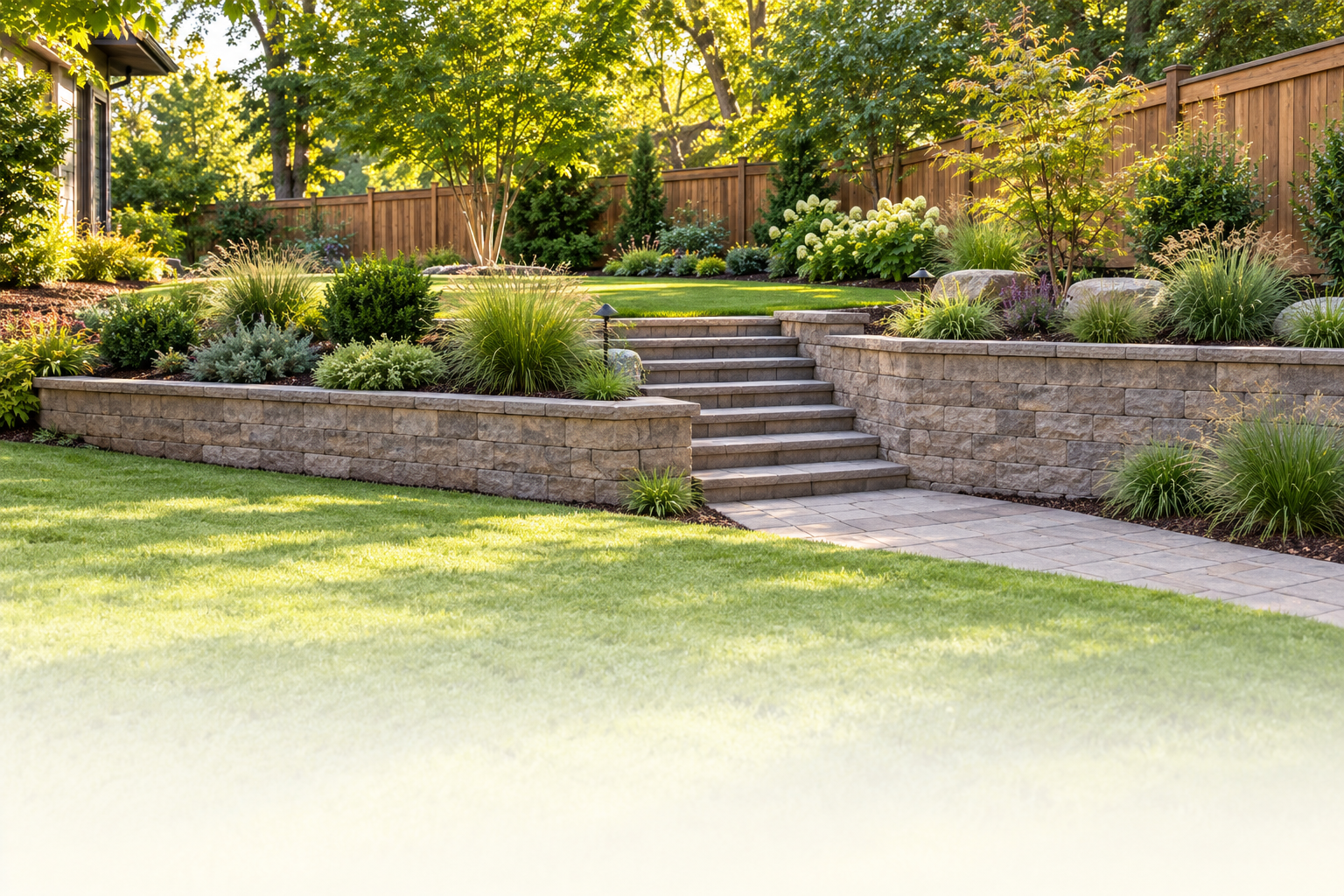 Landscape concept showing terraced retaining walls, planted beds and paver steps